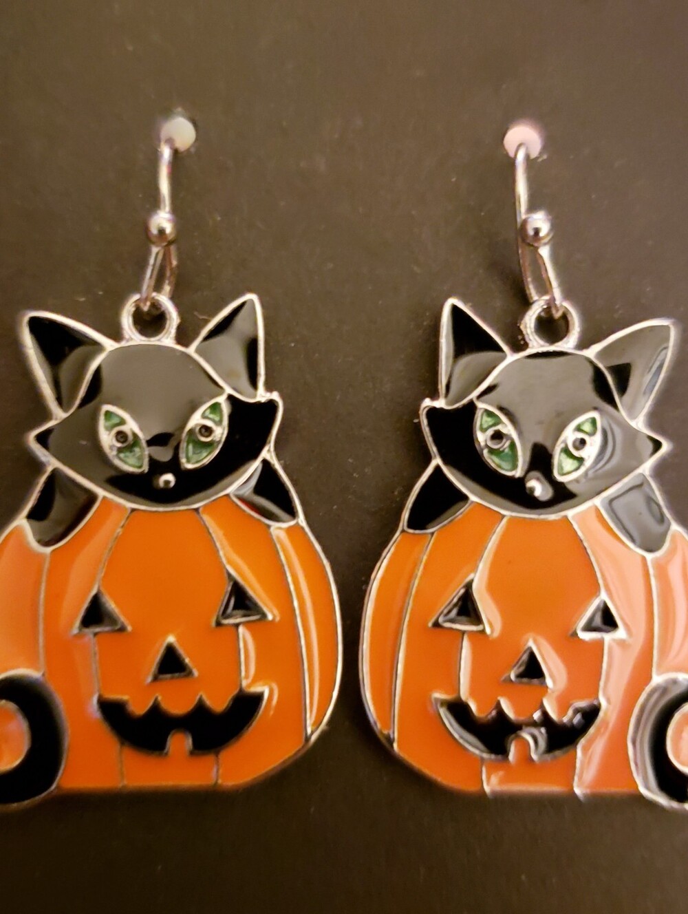 Handmade Black and Orange Halloween Black Cat Pumpkin Earrings
